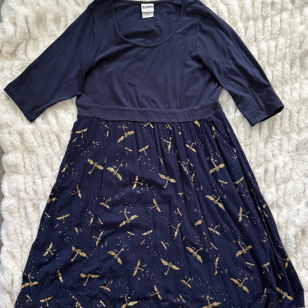 Navy Blue Harry Potter Dress with Gold Winged Key Accents